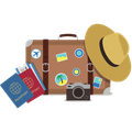 Travel essentials: suitcase, passport, camera, and straw hat on a white background