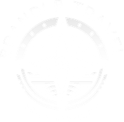 Faint white circular emblem with a futuristic, segmented ring on a white background