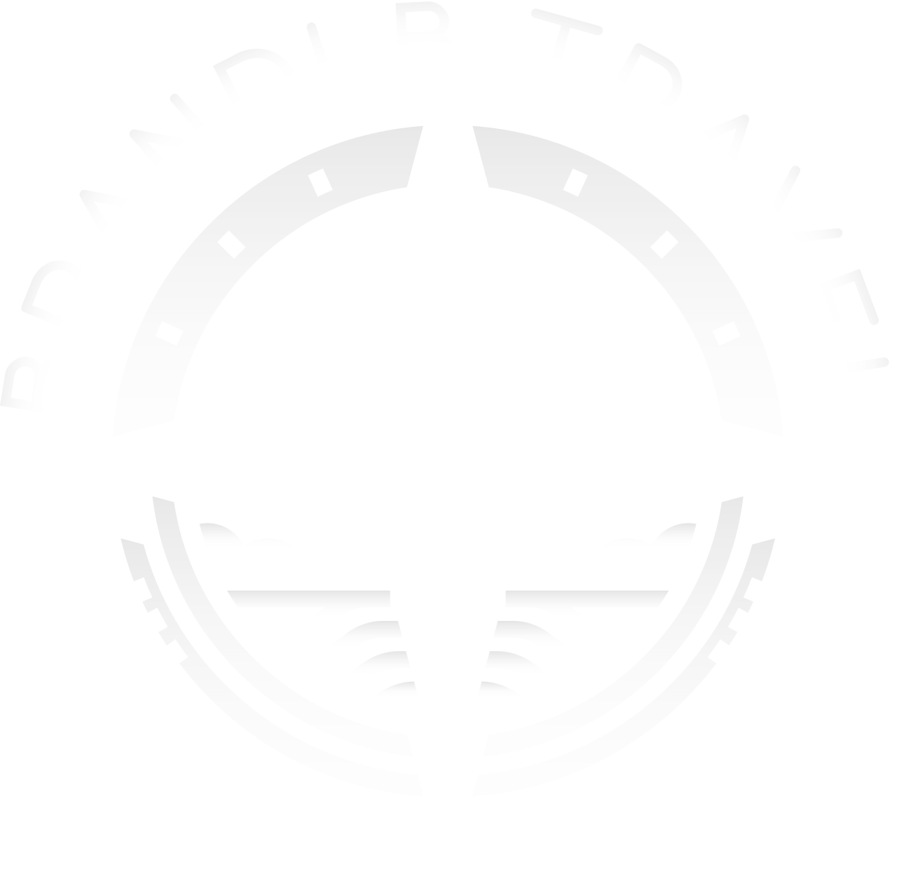 Faint white circular emblem with a futuristic, segmented ring on a white background