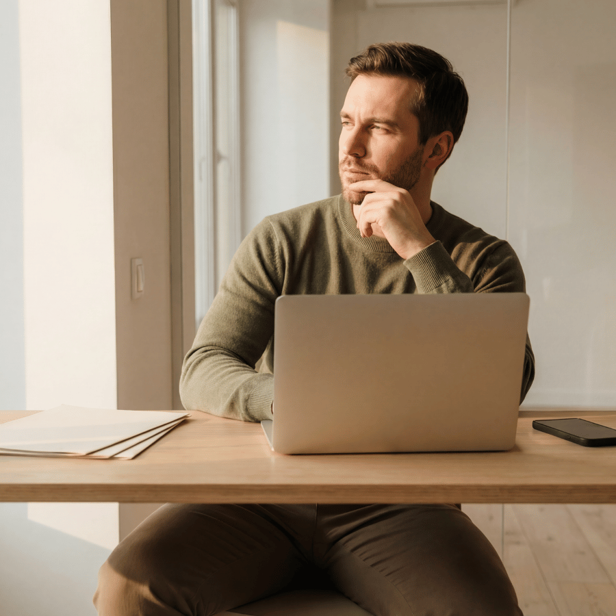 Man sitting at a desk with a laptop, resting his chin on his hand and looking out a window
