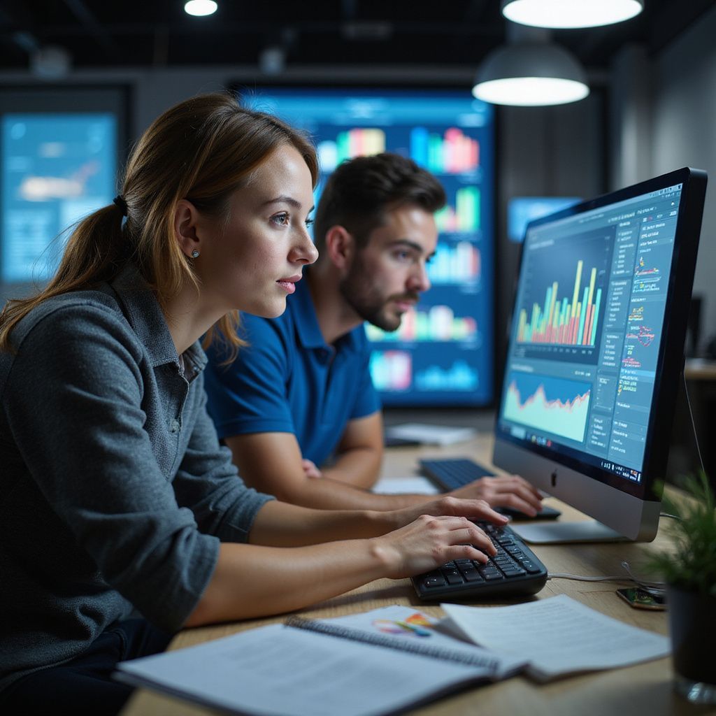 Two analysts working at computers in a dark office, reviewing colorful data charts on large monitors.