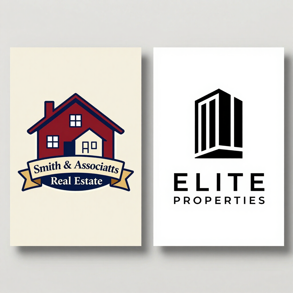 Two real estate logos side by side: Smith & Associates house emblem and Elite Properties black building icon.
