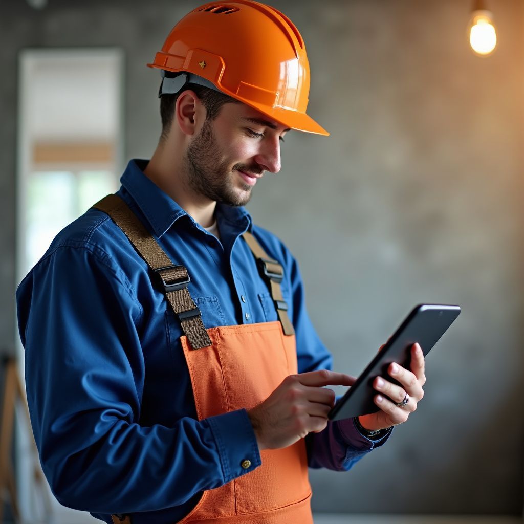 Construction worker in orange hard hat and overalls, using a tablet indoors.