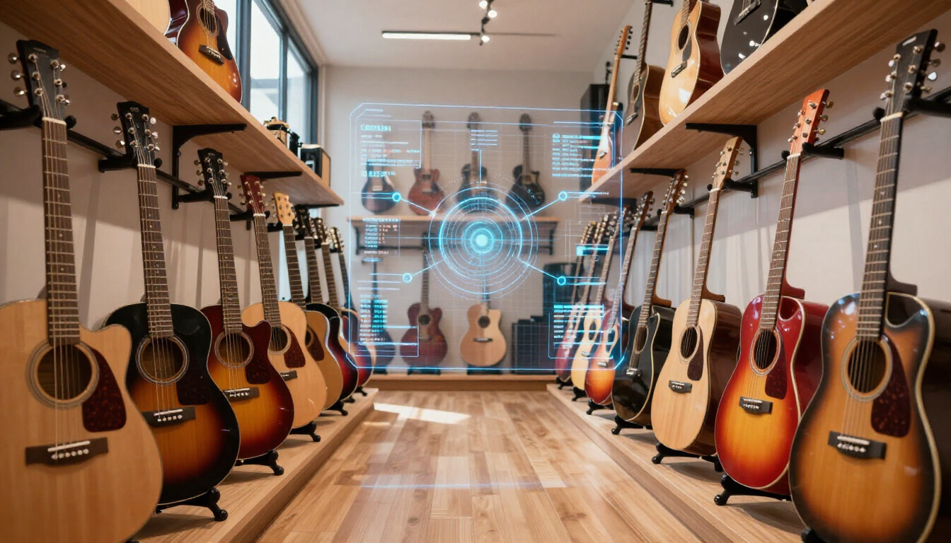 A modern music store being scanned by digital AI data points.