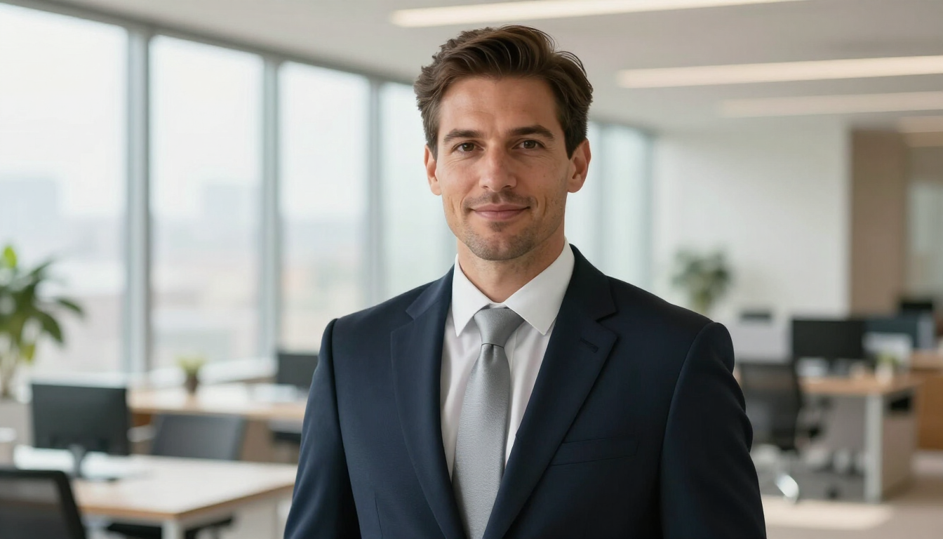 Confident professional executive in a modern office environment.