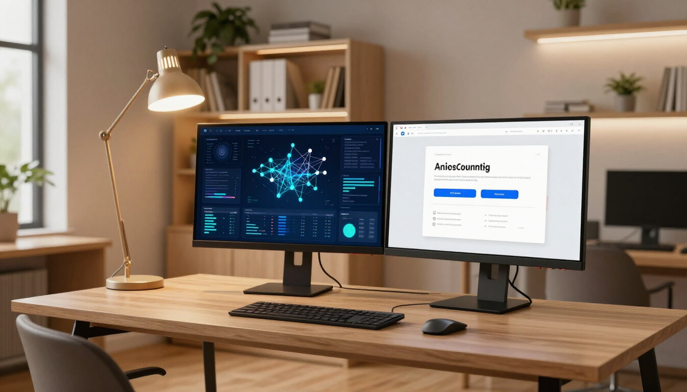 A futuristic AI-powered website interface being displayed on a modern laptop screen in a professional office.