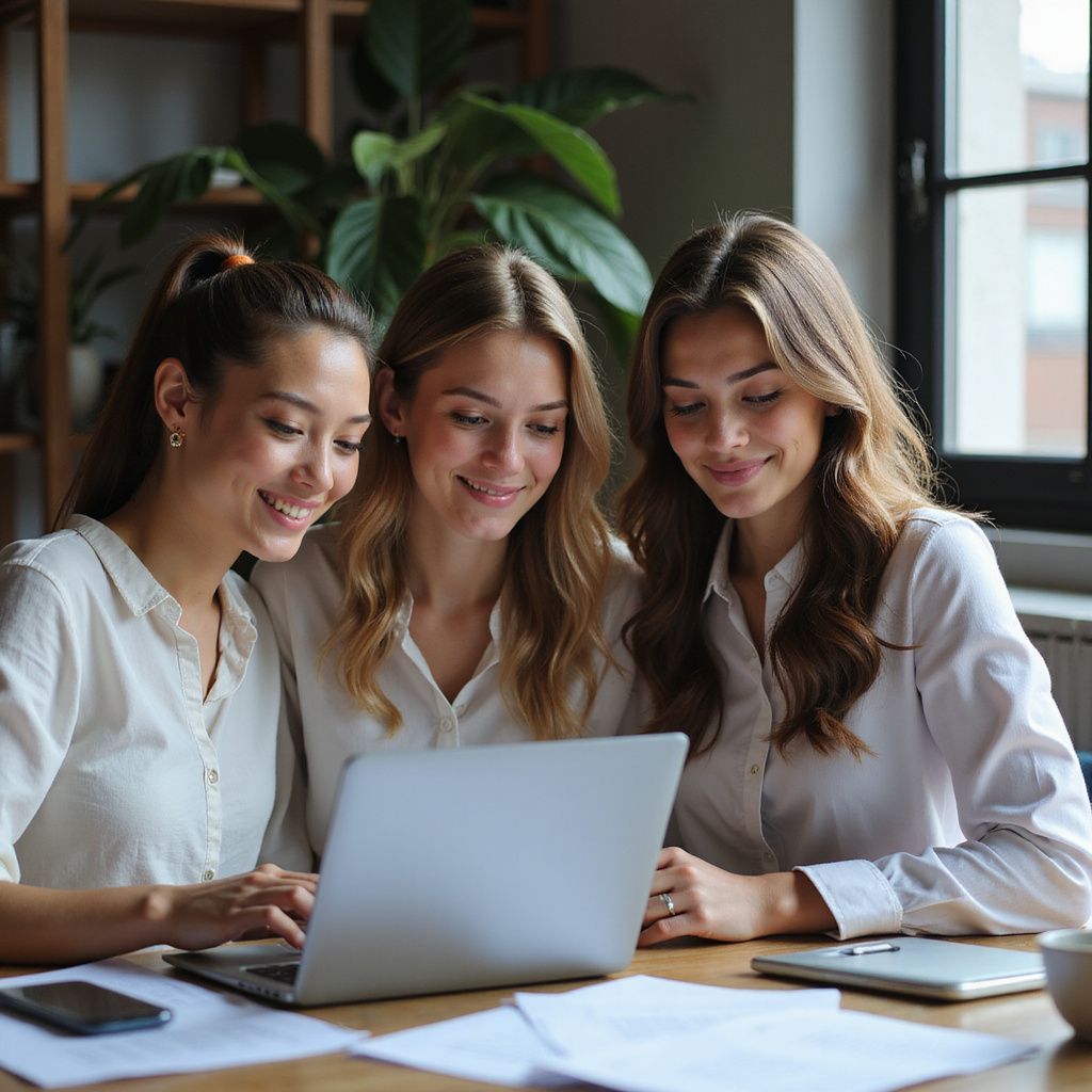 Three coworkers smiling around a laptop at a table in a bright office