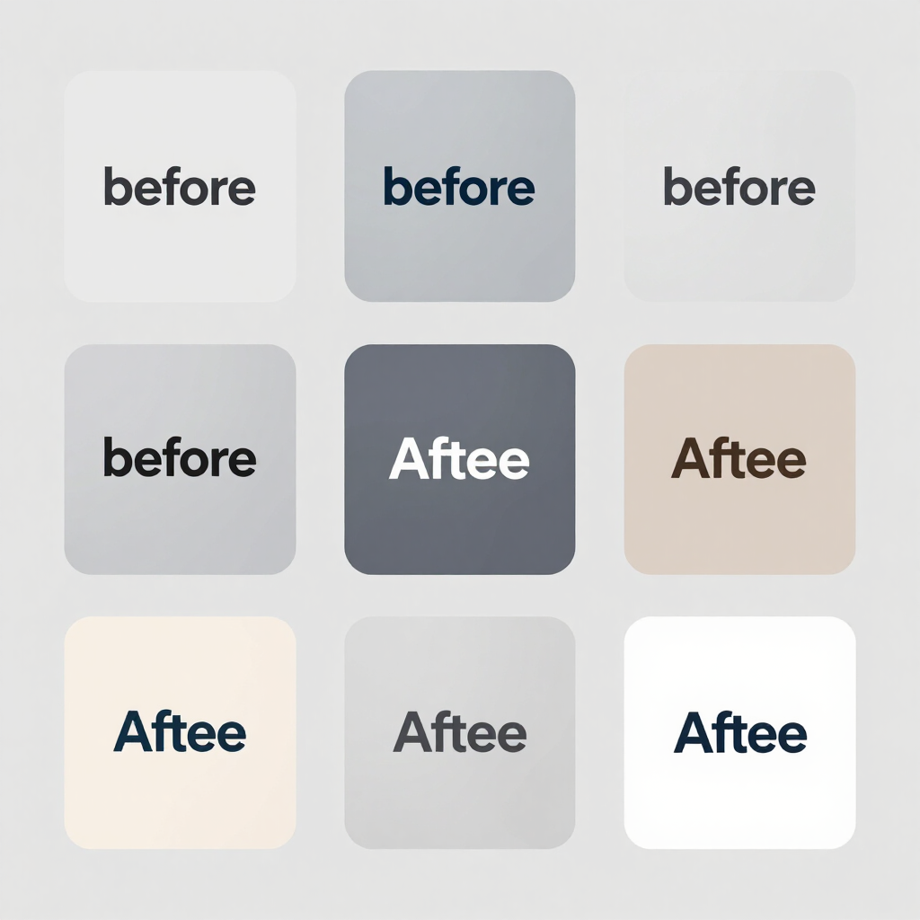 Nine rounded squares showing “before” and “Aftee” in different gray, beige, and white color combinations