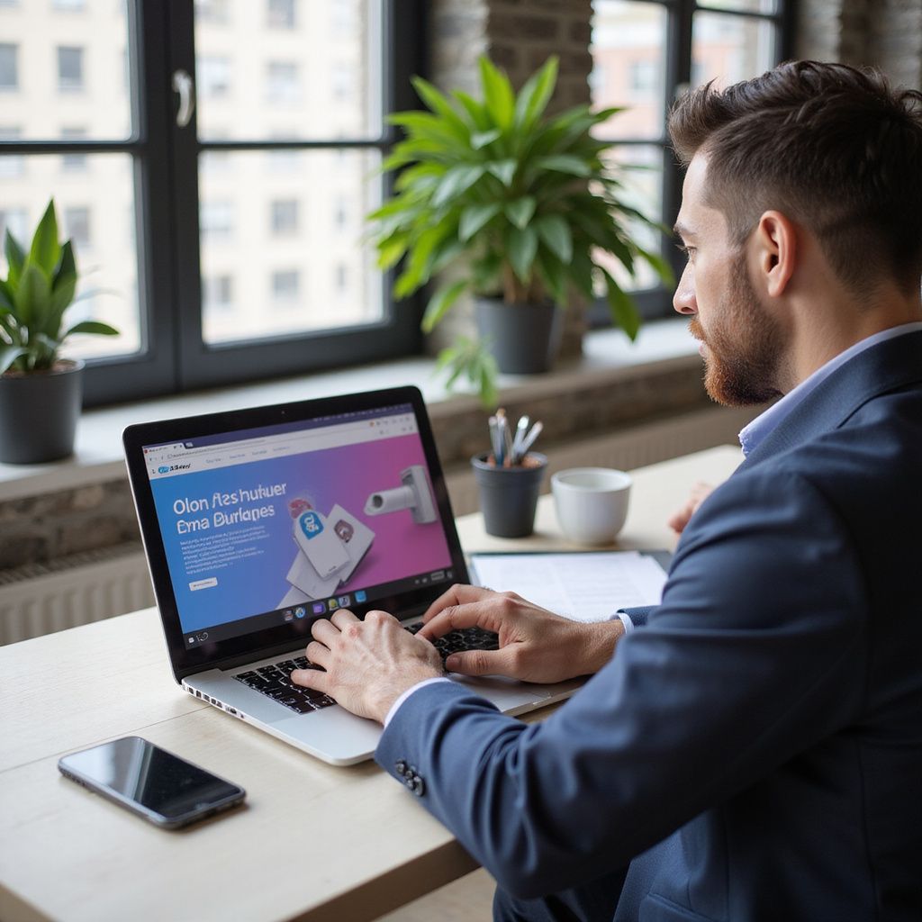 Person working on a laptop at a desk by a window, with a phone, coffee cup, and potted plants nearby.