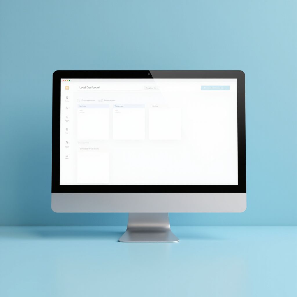 Desktop computer on a light blue background with a mostly blank white screen