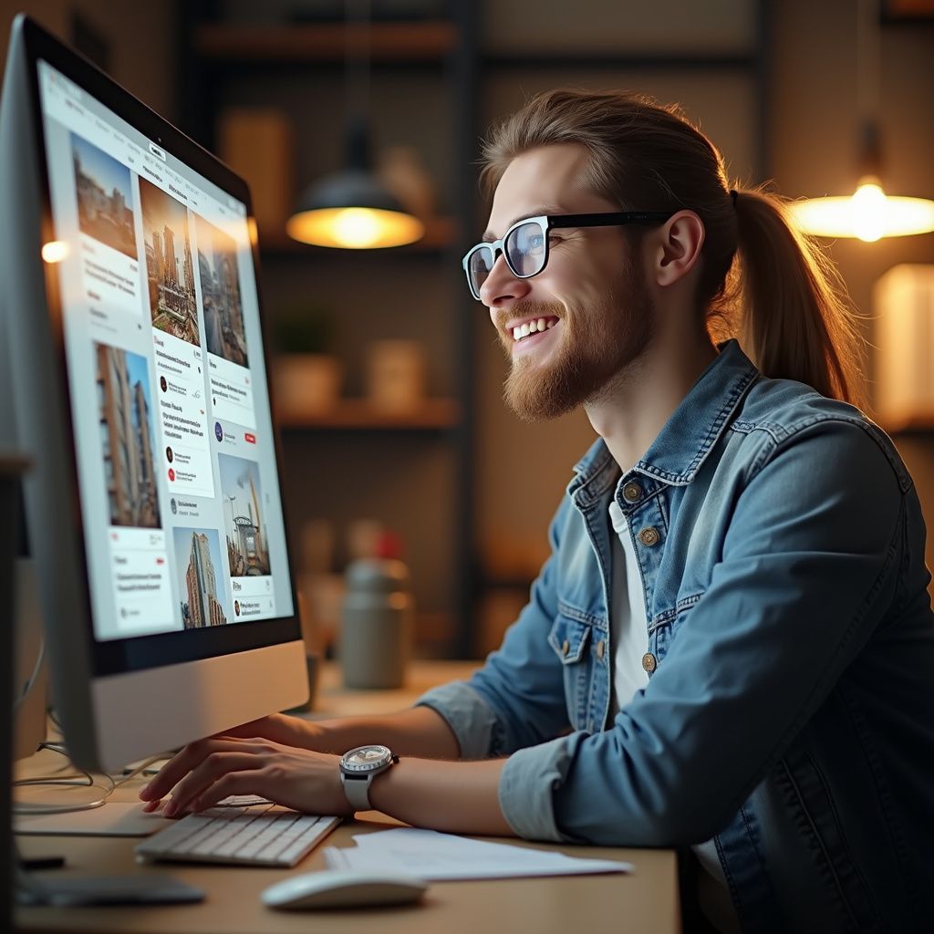 Person smiling at a desktop computer in a warm-lit office, typing on a keyboard