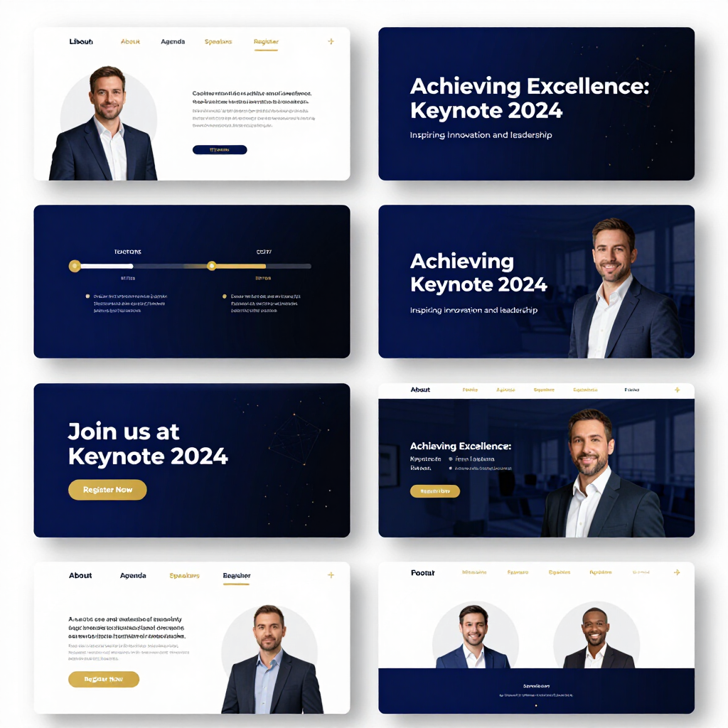 Website mockups for a “Keynote 2024” event, featuring a speaker photo and dark blue and white layouts