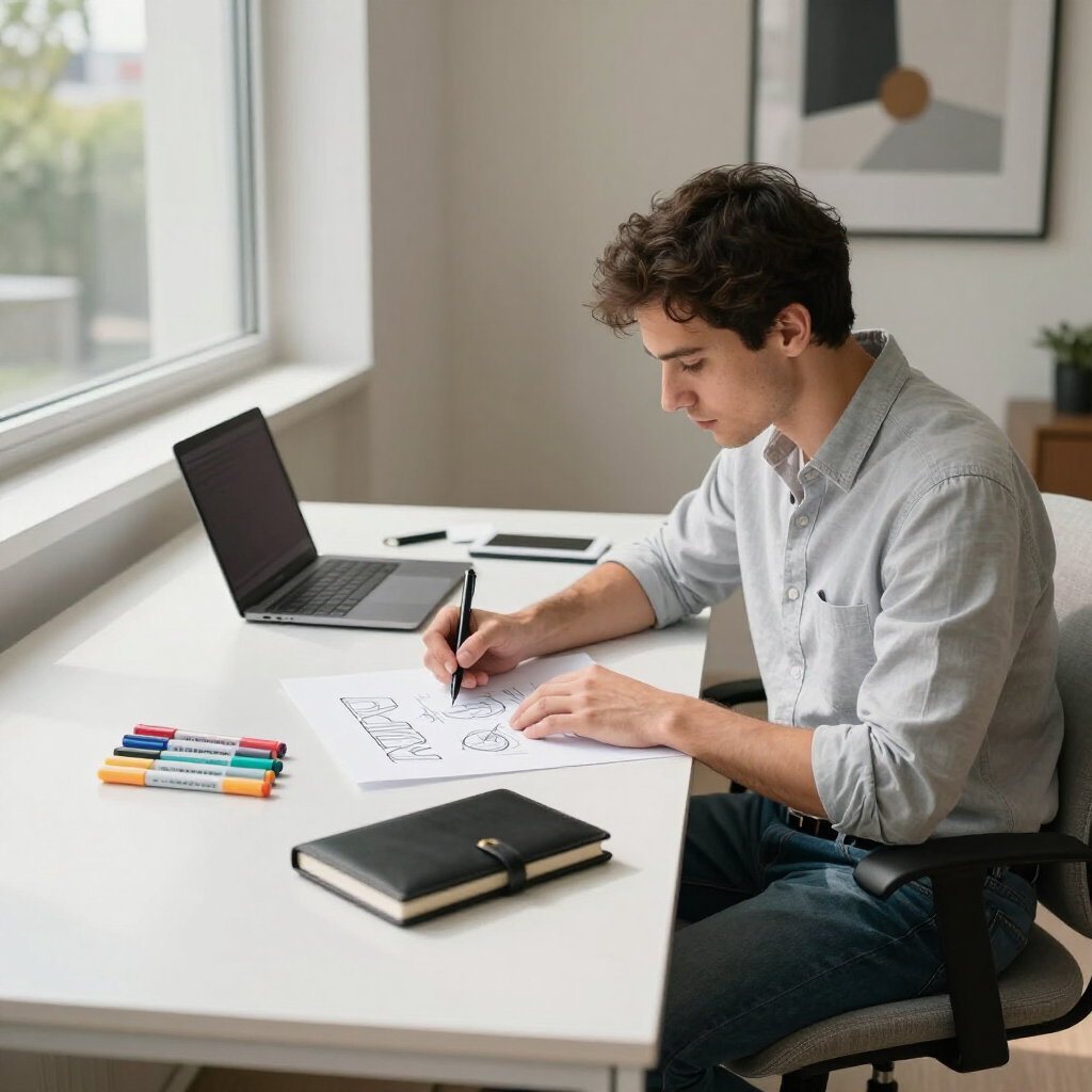 Person sketching at a desk beside a laptop, notebooks, and colorful markers in a bright room