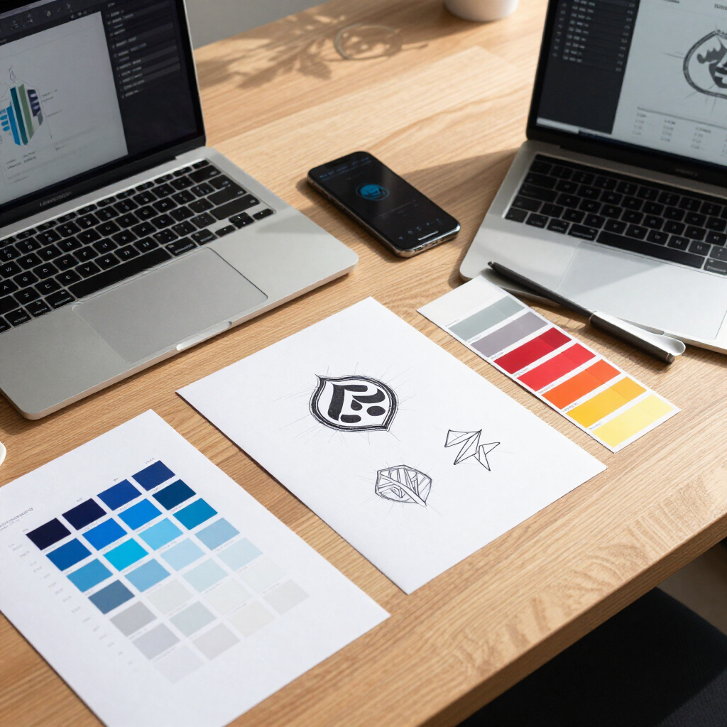 Design workspace with two laptops, a phone, and color palette sheets on a wooden table
