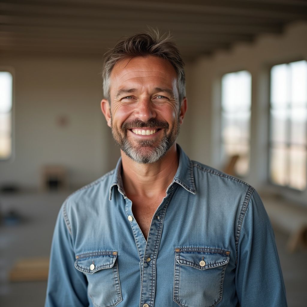 Man with graying hair and beard smiles, wearing a denim shirt, in an unfinished building.