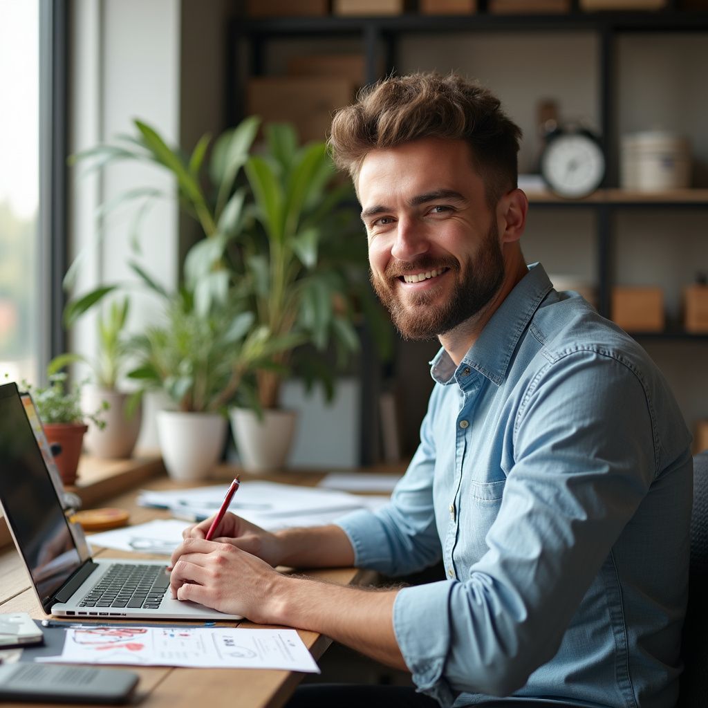 Smiling man writing at a desk with a laptop and papers in a bright office