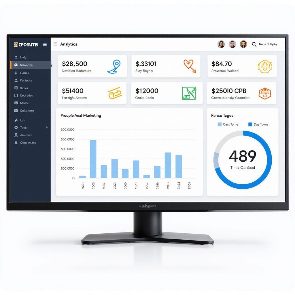 Dashboard analytics displayed on a widescreen monitor with charts, metrics, and a circular progress graph