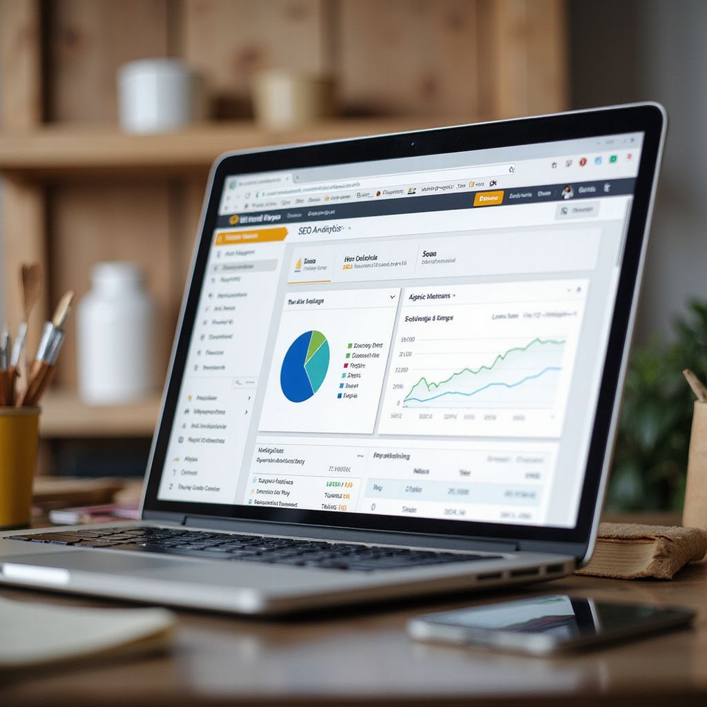 Laptop on desk displaying a business analytics dashboard with charts and graphs