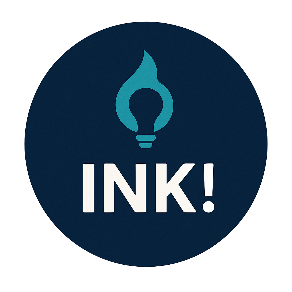 Dark blue circular logo with a teal lightbulb/pen icon above the word “INK!” in white.