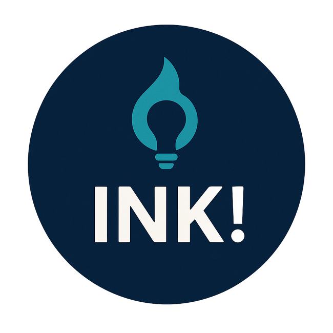 Dark blue circular logo with a teal lightbulb/pen icon above the word “INK!” in white.