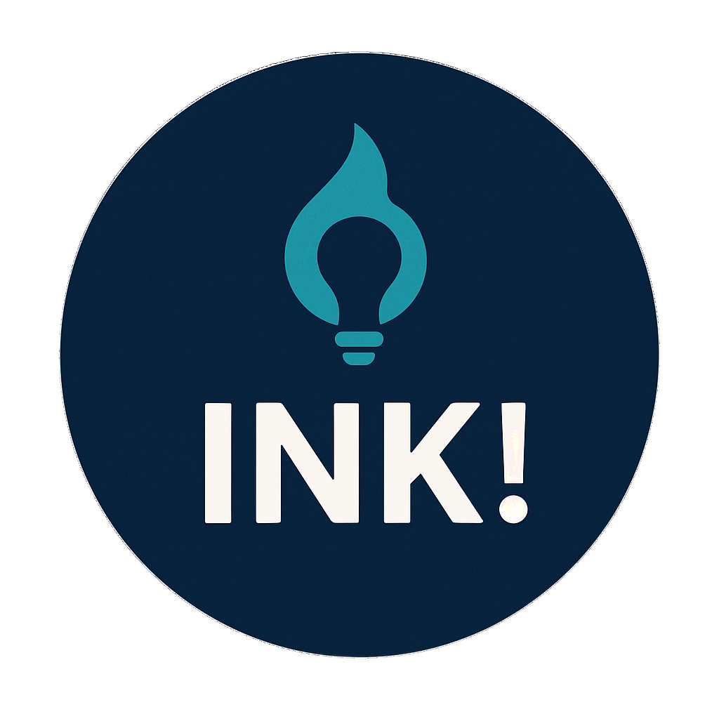 Dark blue circular logo with a teal lightbulb and the word “INK!” in white.