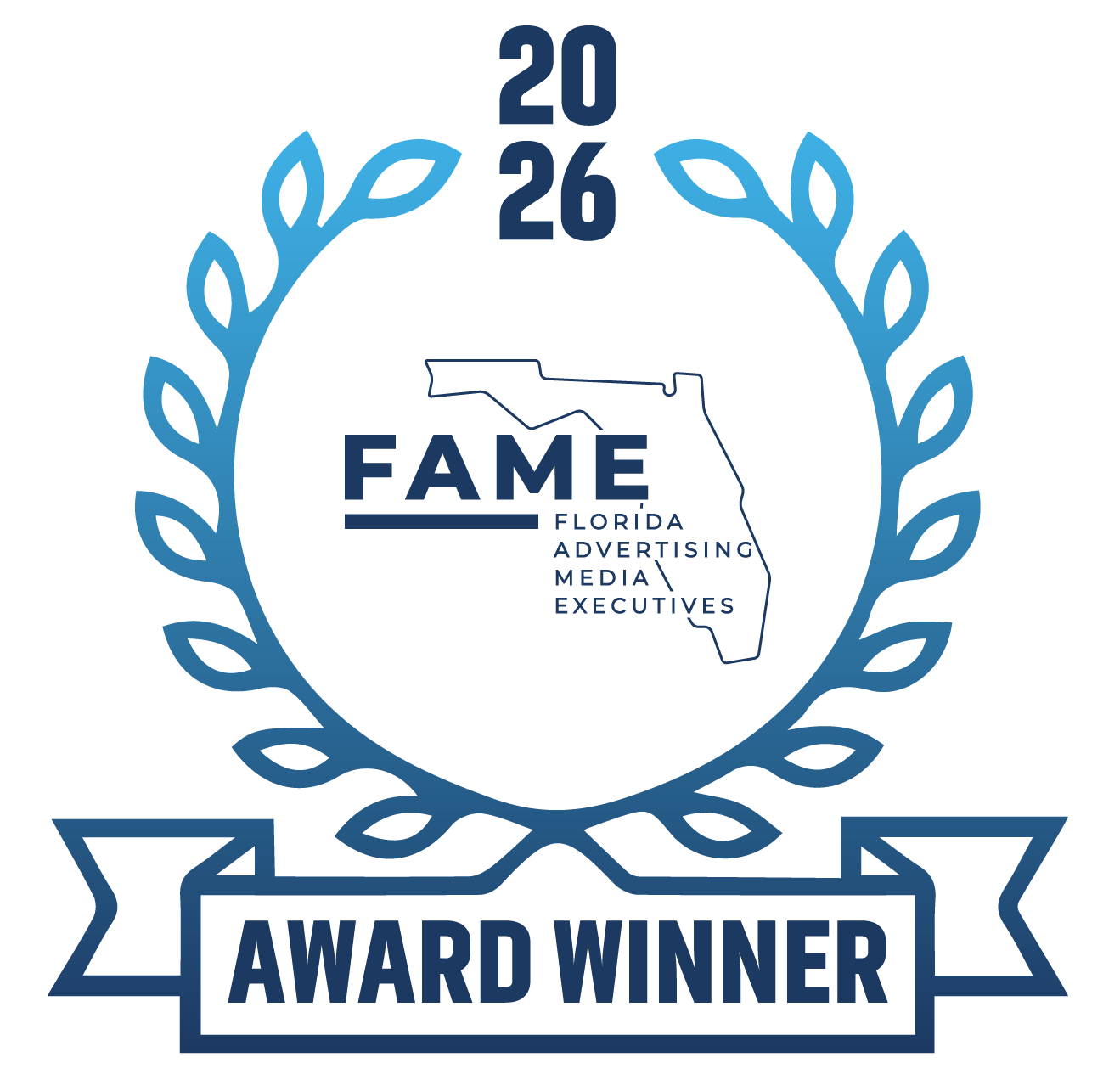 2026 Fame Award Winner badge with blue laurel wreath and banner on white background