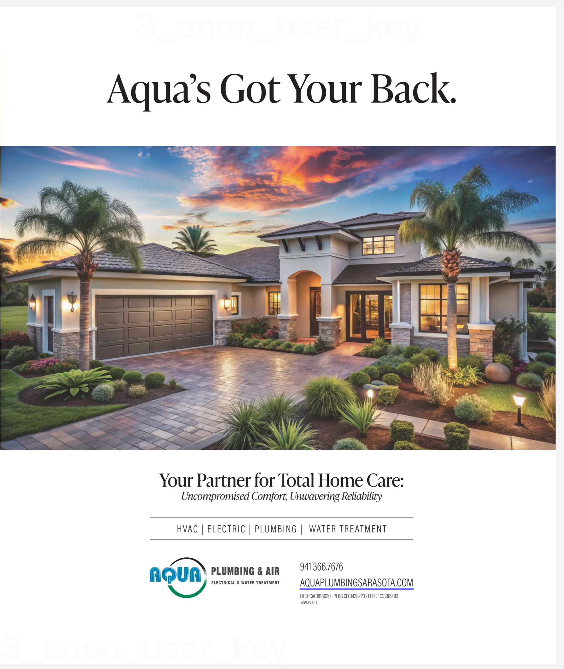 Luxury home exterior at sunset with “Aqua’s Got Your Back” ad and Aqua logo at the bottom.