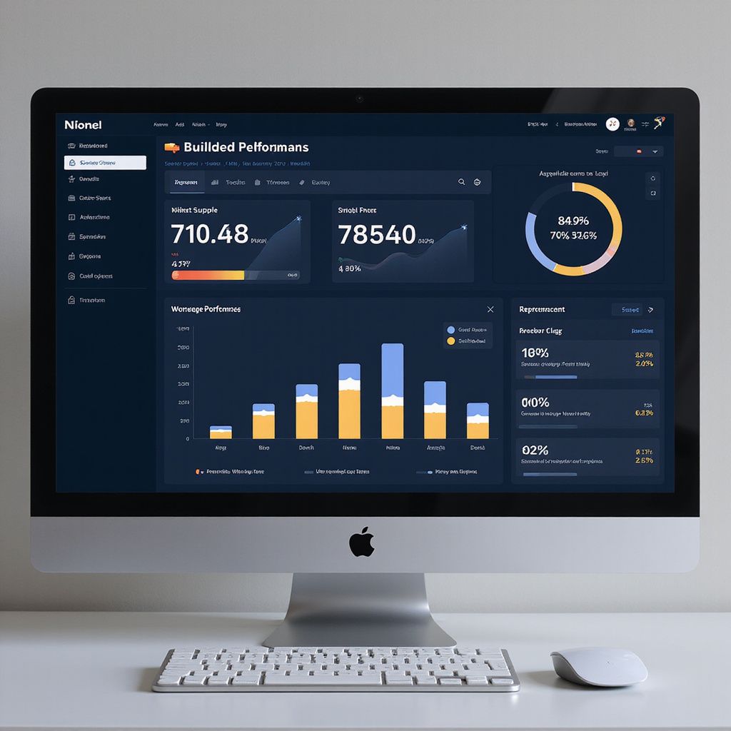 Apple iMac displaying a dark analytics dashboard with charts, metrics, and a sidebar on a desk with keyboard and mouse