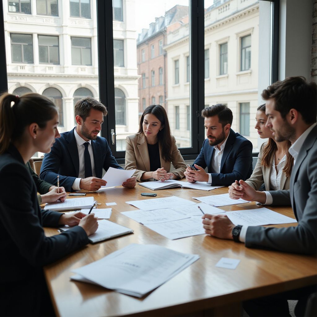 People in business attire review documents around a conference table in a bright office