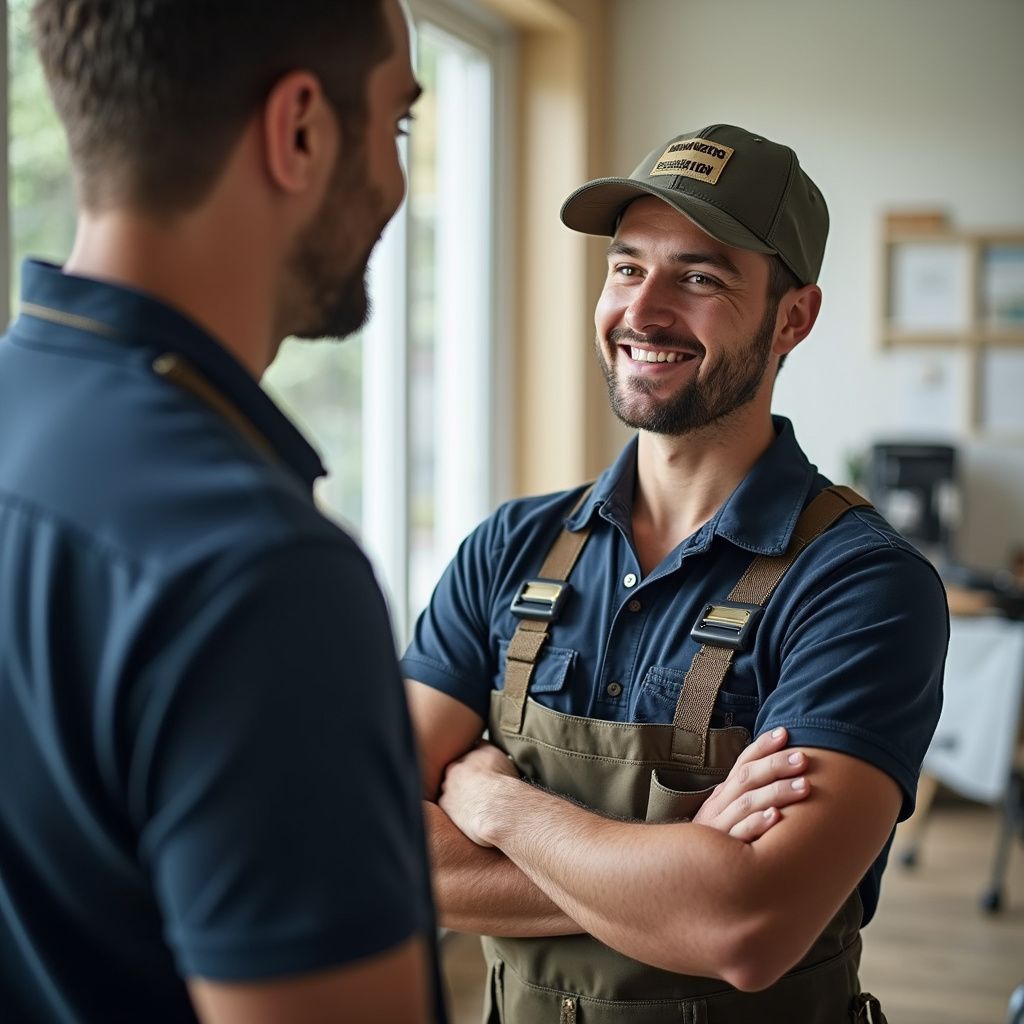 Two coworkers in work uniforms talking and smiling in a bright office.