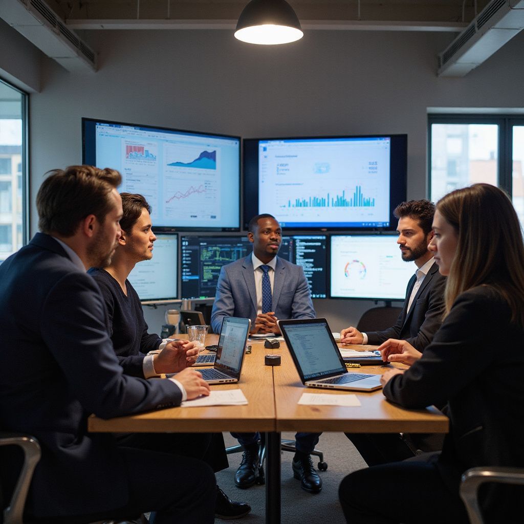Business team in a conference room, reviewing data on screens, discussing strategy.