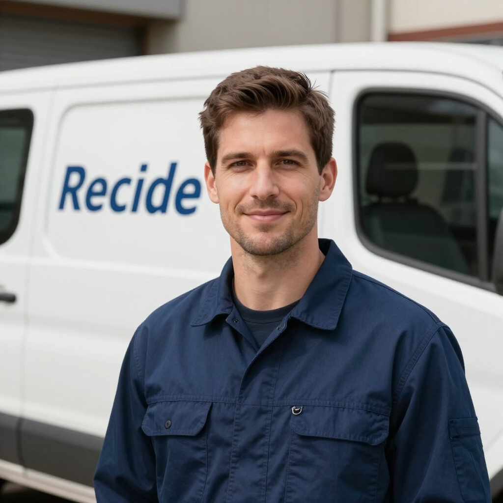 Man in navy work shirt standing in front of a white Recide van, smiling at the camera