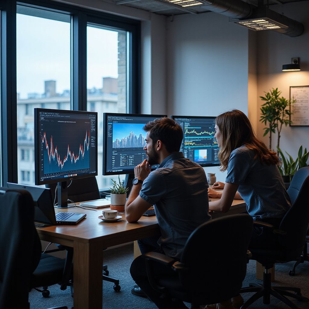 Two people analyzing stock charts on multiple monitors in a modern office