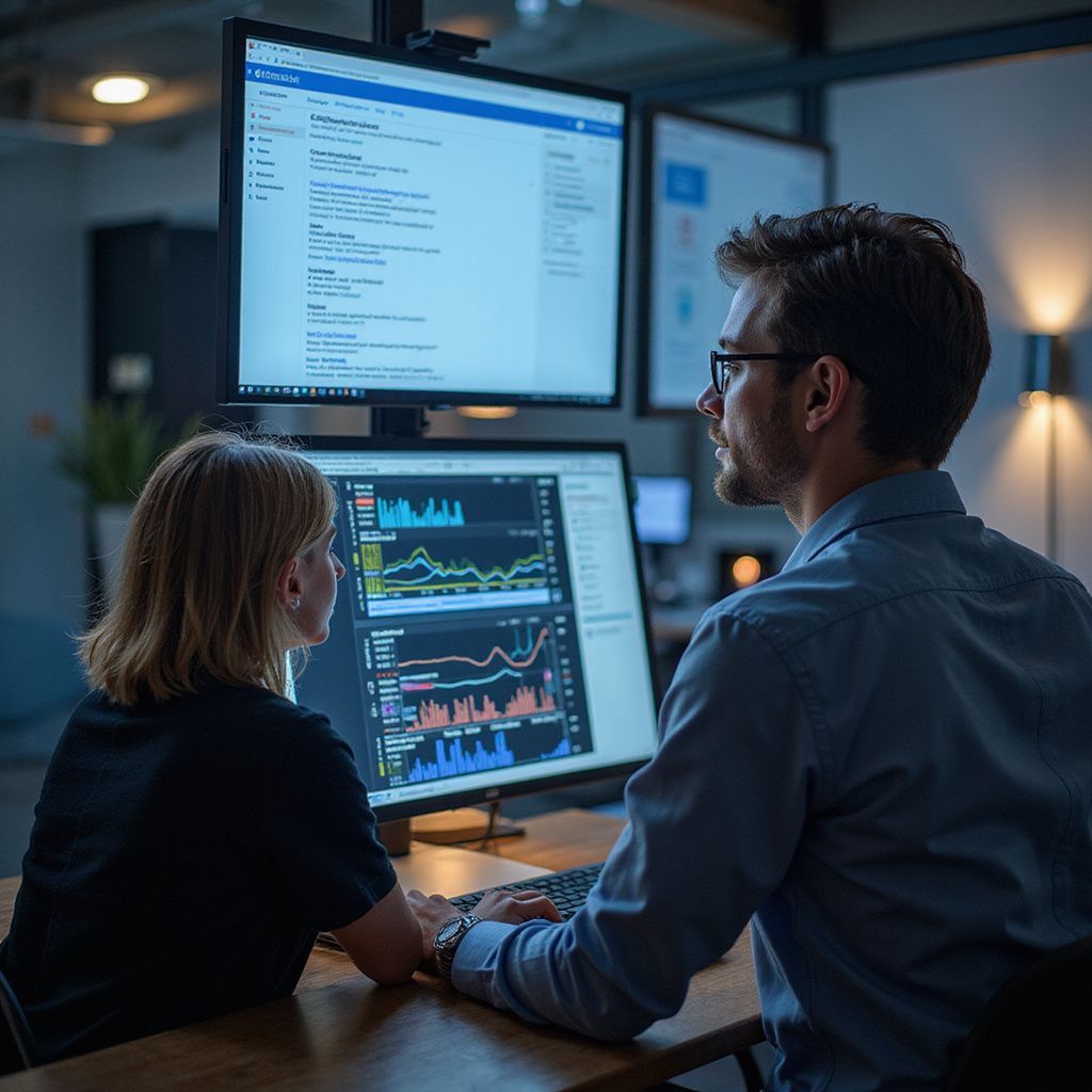 Two people reviewing data dashboards on dual monitors in a dim office