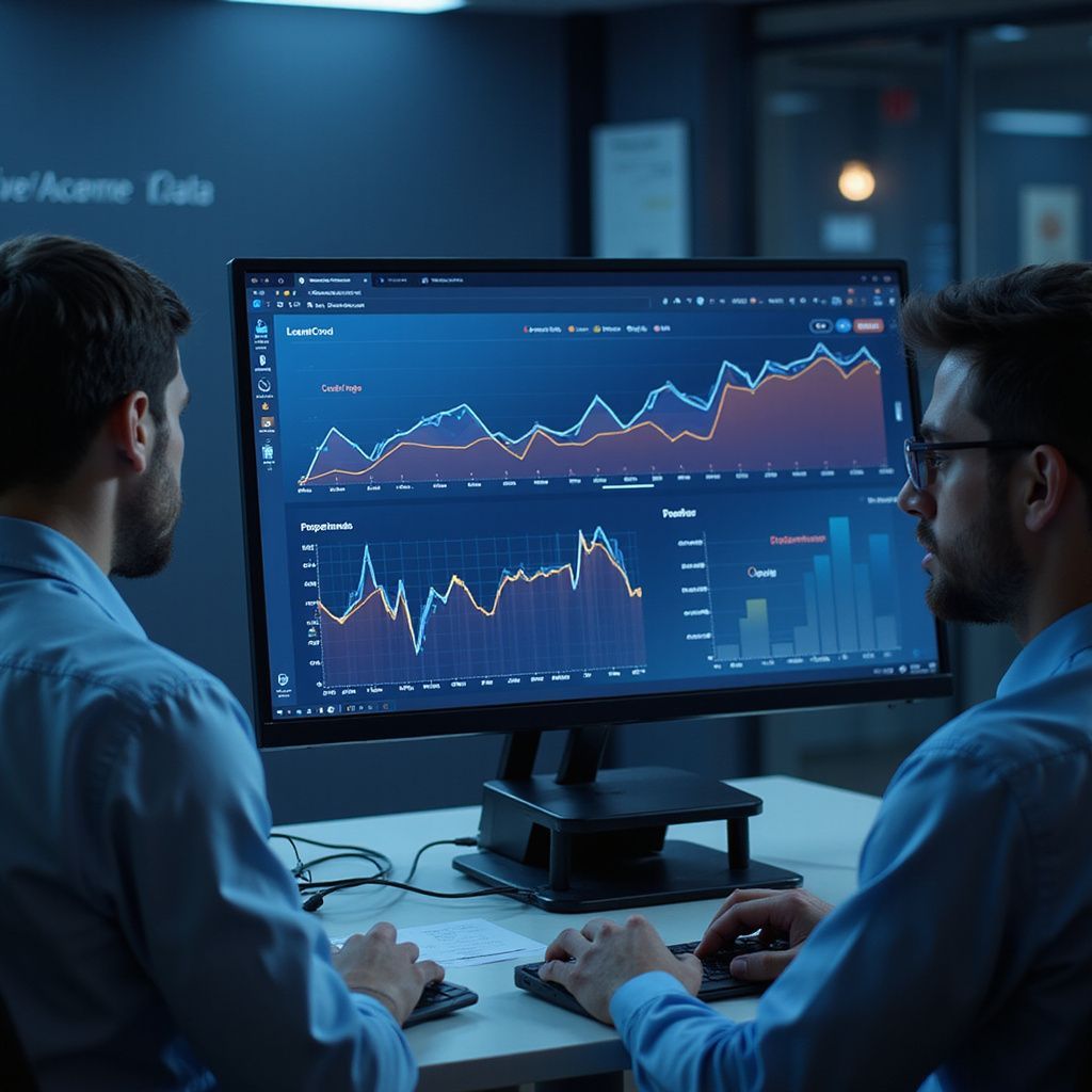 Two coworkers reviewing data dashboards on a large monitor in a dim office