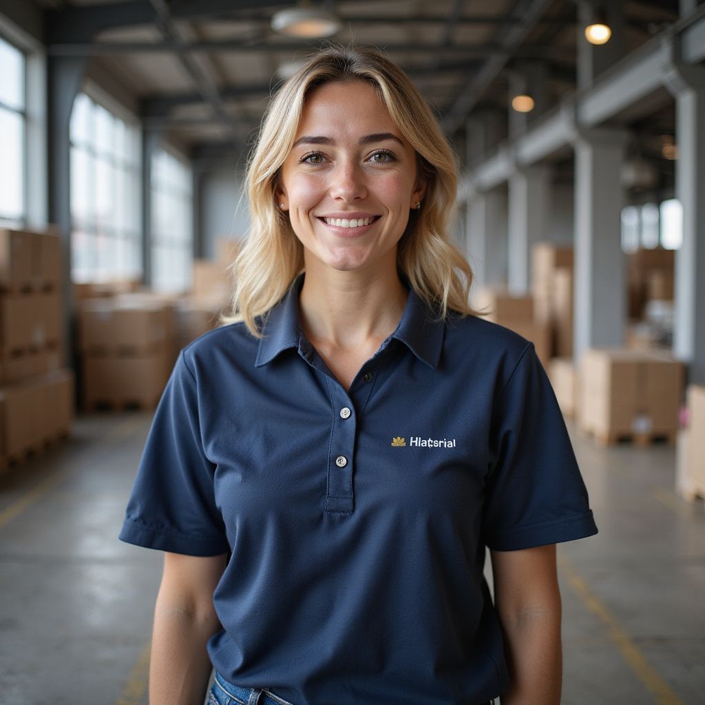 Woman in blue polo shirt smiles in a warehouse with cardboard boxes.