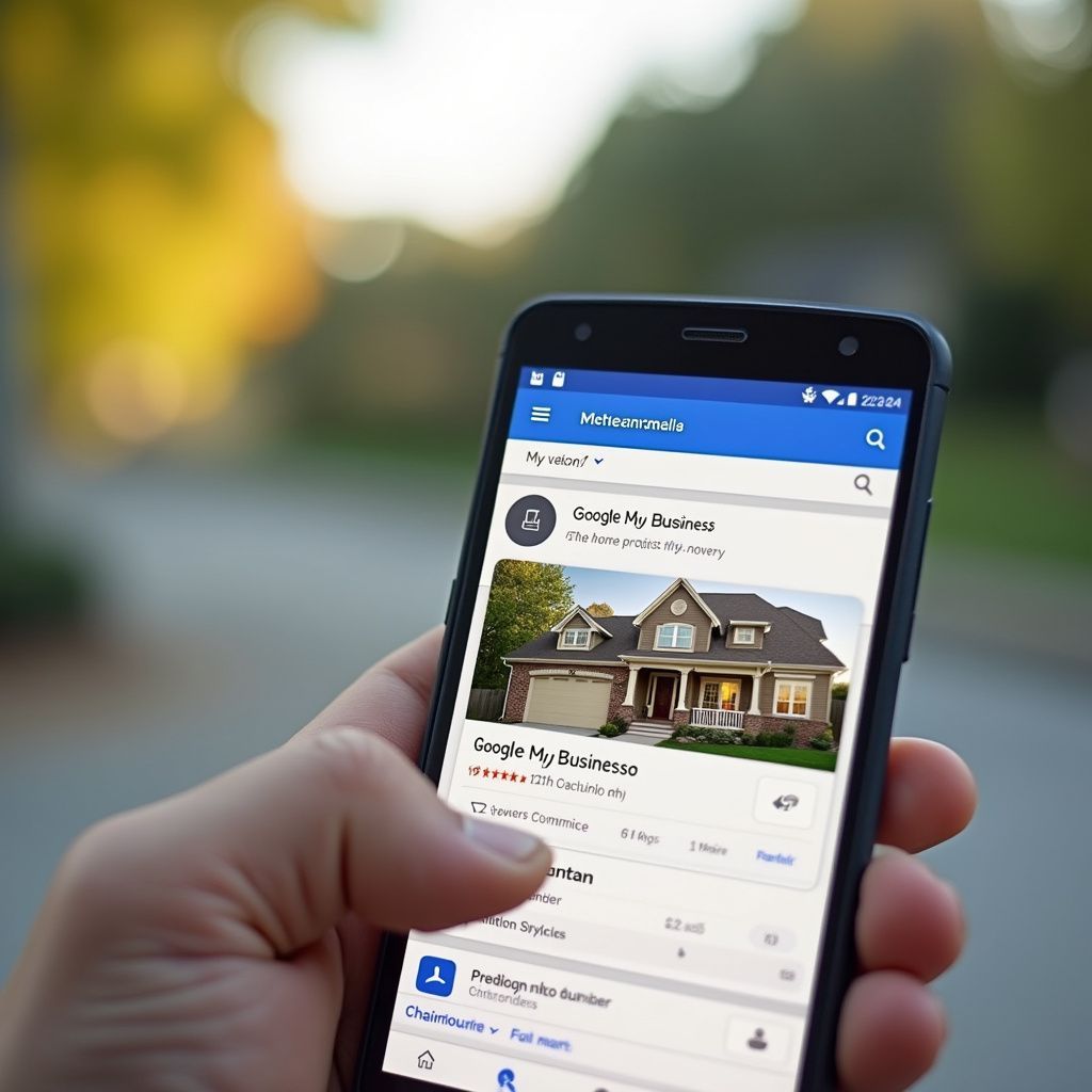 Hand holding a smartphone showing a real estate listing with a house photo on the screen