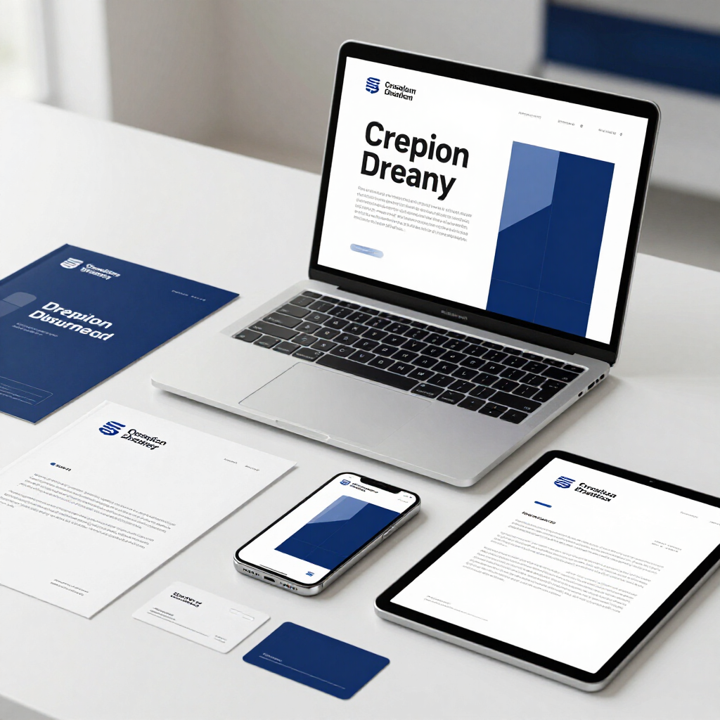 Brand mockup with laptop, tablet, phone, and brochures on a white desk displaying a blue-and-white website.