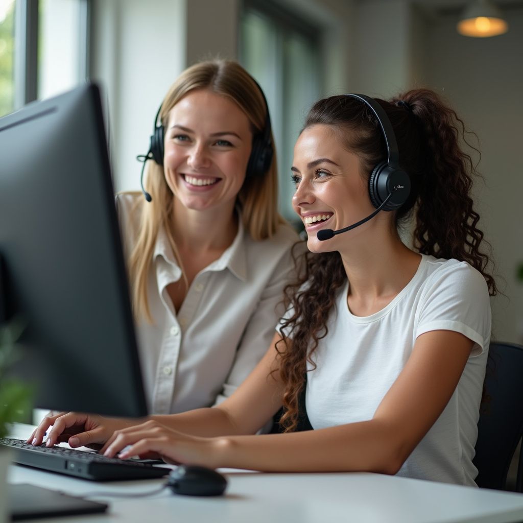 Two headset-wearing customer support agents smiling at a computer in an office
