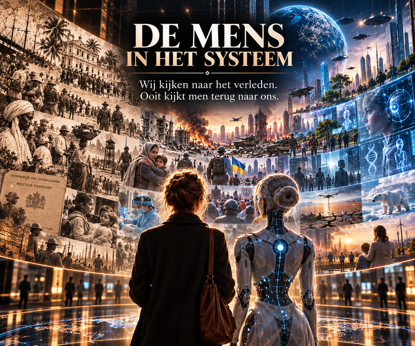Een vrouw en een futuristische mens kijken naar het verleden en heden.
