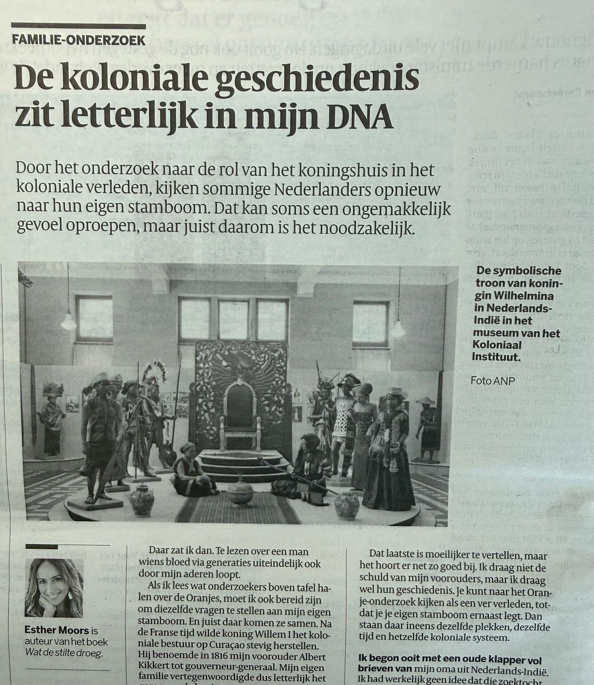 Opinieartikel van Esther Moors in de Volkskrant van 8 oktober 2026 over haar familiegeschiedenis en