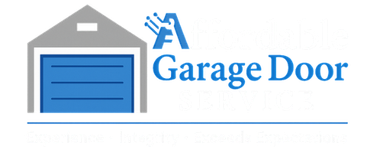 Garage door repair logo with blue garage and wrench icon