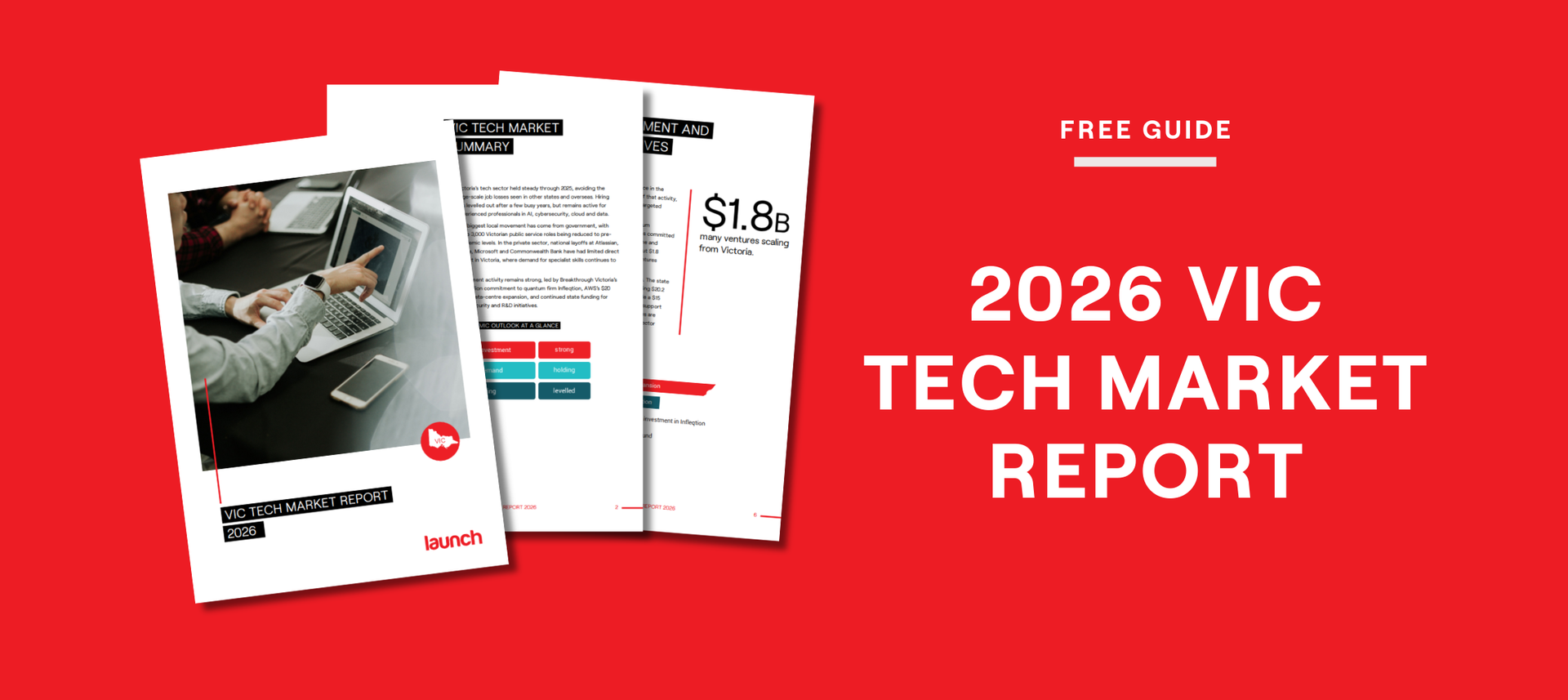 A red promotional banner for a 2026 VIC Tech Market Report featuring three document pages with a team working on a laptop.