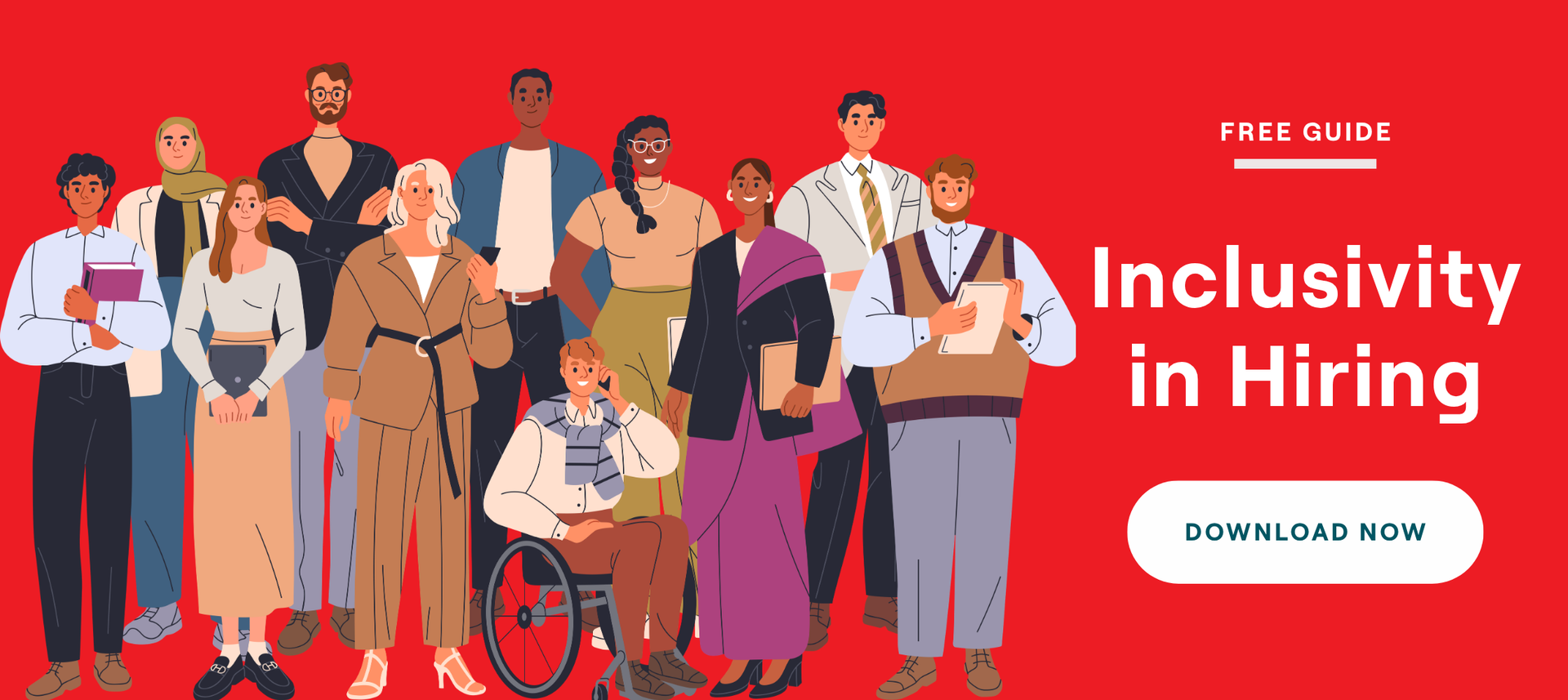 Crowd of diverse office workers on red background with “Inclusivity in Hiring” and a “Download Now” button