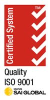 ISO 9001 quality certification logo with red background, white checkmarks, and