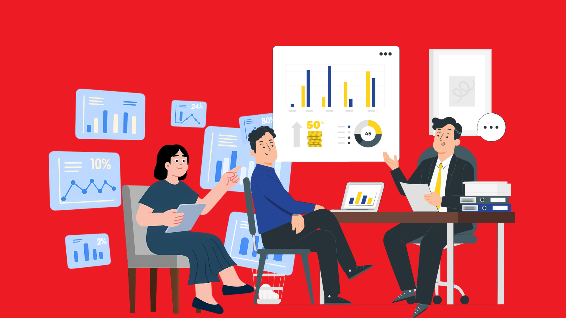 Team meeting around a table with charts on screens in a red office space