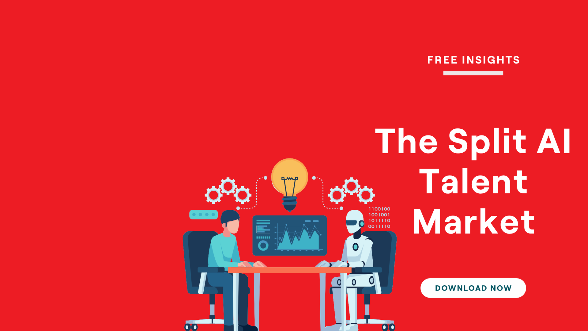 Red banner with illustrated people at a desk and text reading “The Split AI Talent Market”