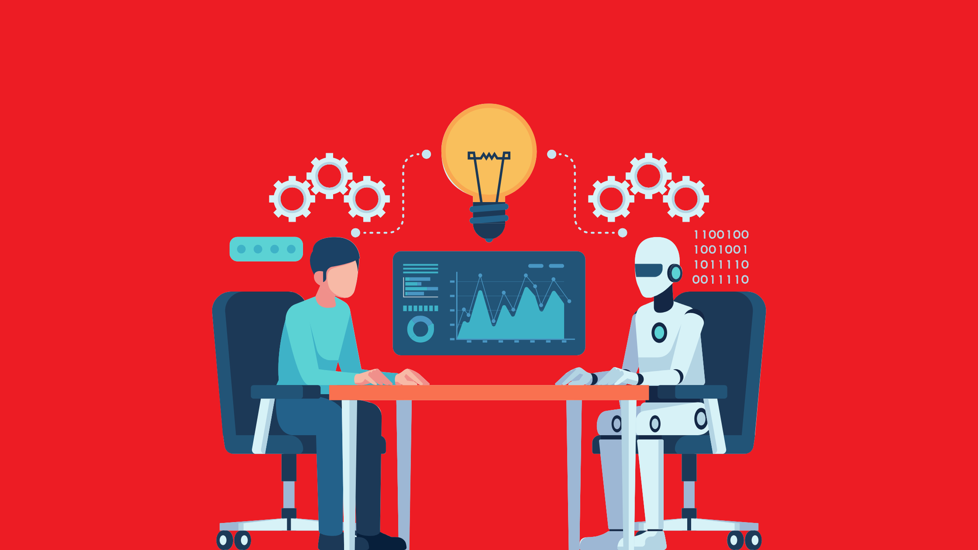 Human and robot seated at a desk analyzing data on a monitor, with light bulb and gears on a red background