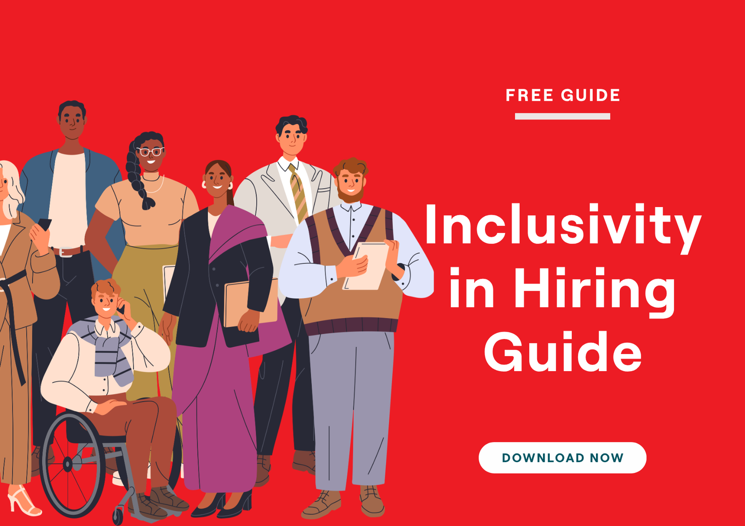 A diverse group of professional people stands against a red background beside the text: 