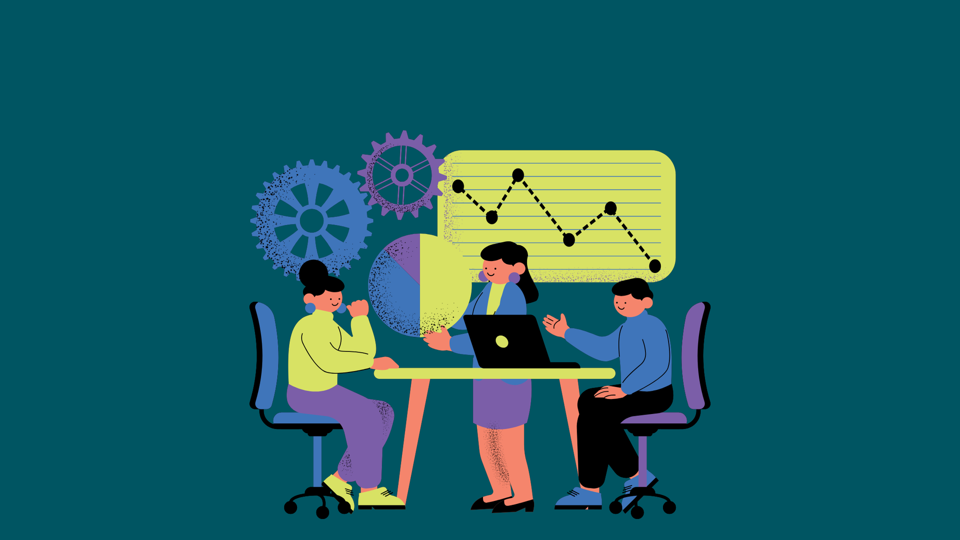 Three people collaborating at a table with a laptop and charts on a screen